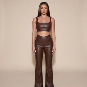 SKIMS Chocolate Brown Faux Leather Flare Pants & Crop Top